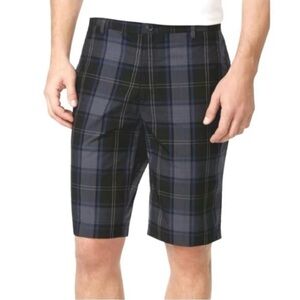 Calvin Klein Men's Plaid Flat Front Chino Shorts Black Blue and Gray Size 32